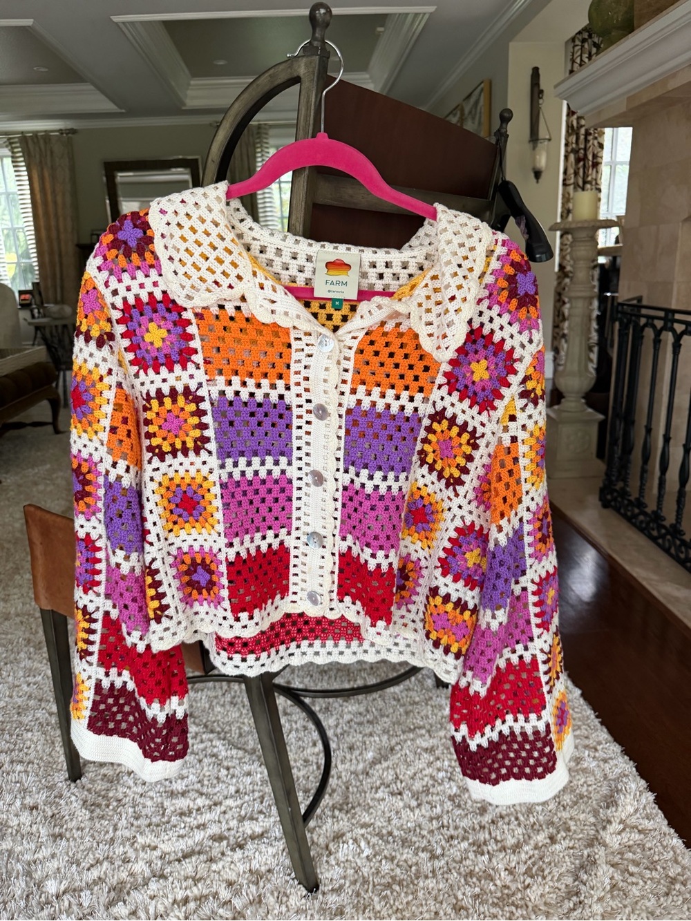 FARM Rio Multicolor Crochet Button-Front Cardigan with Cream Trim
